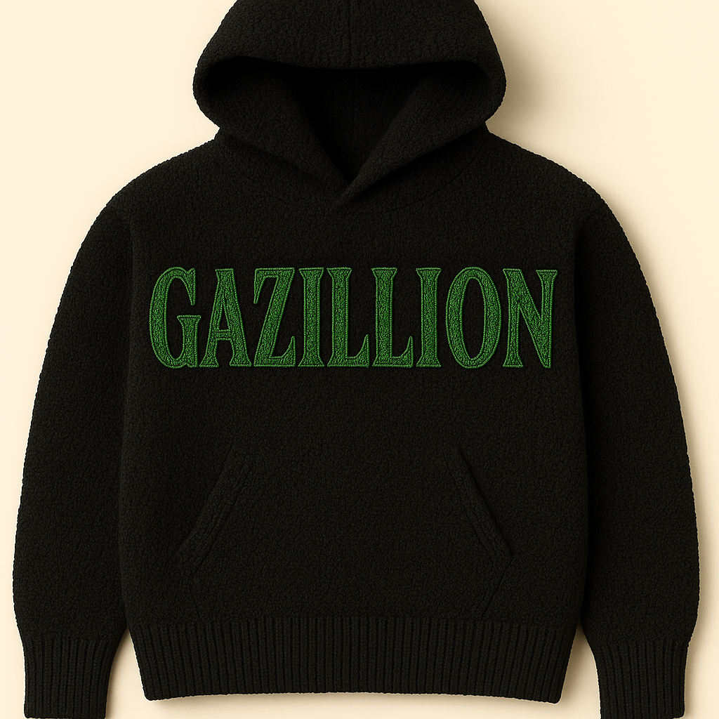 Front presentation of the black Gazillion wearable work with green hand-knit lettering.