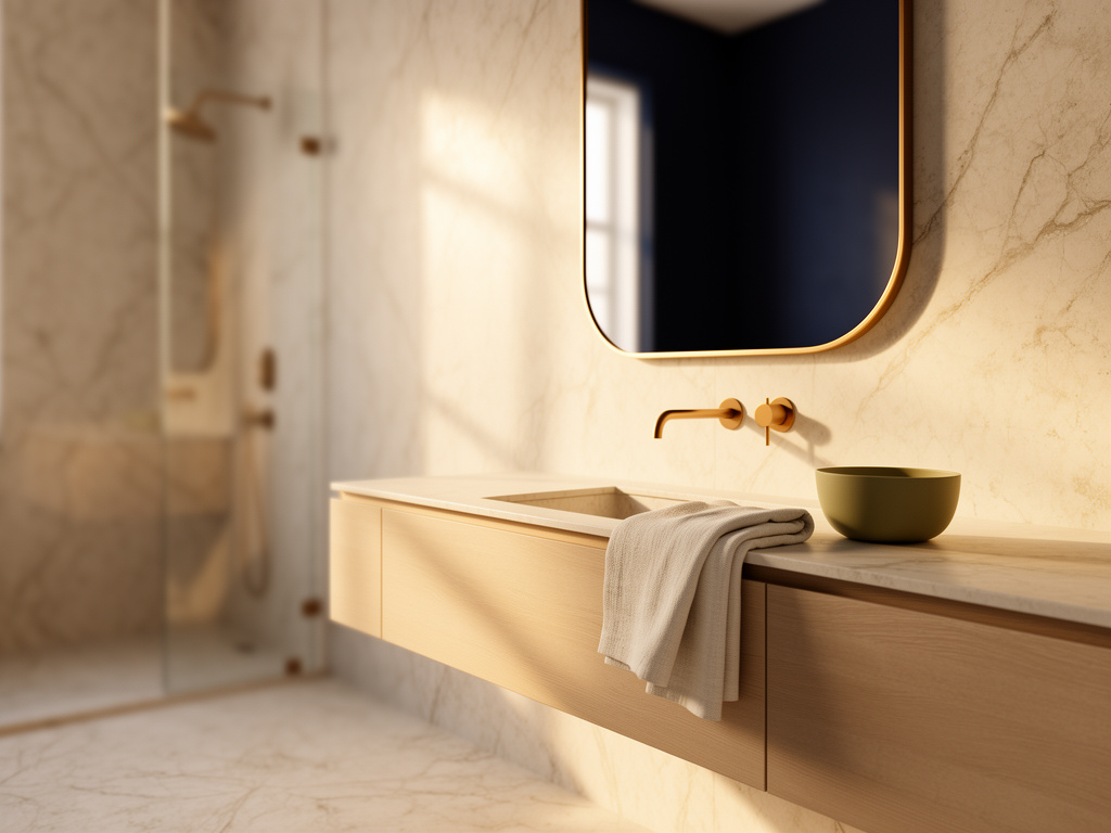Cream stone bathroom with an oak vanity and muted sage vessel sink