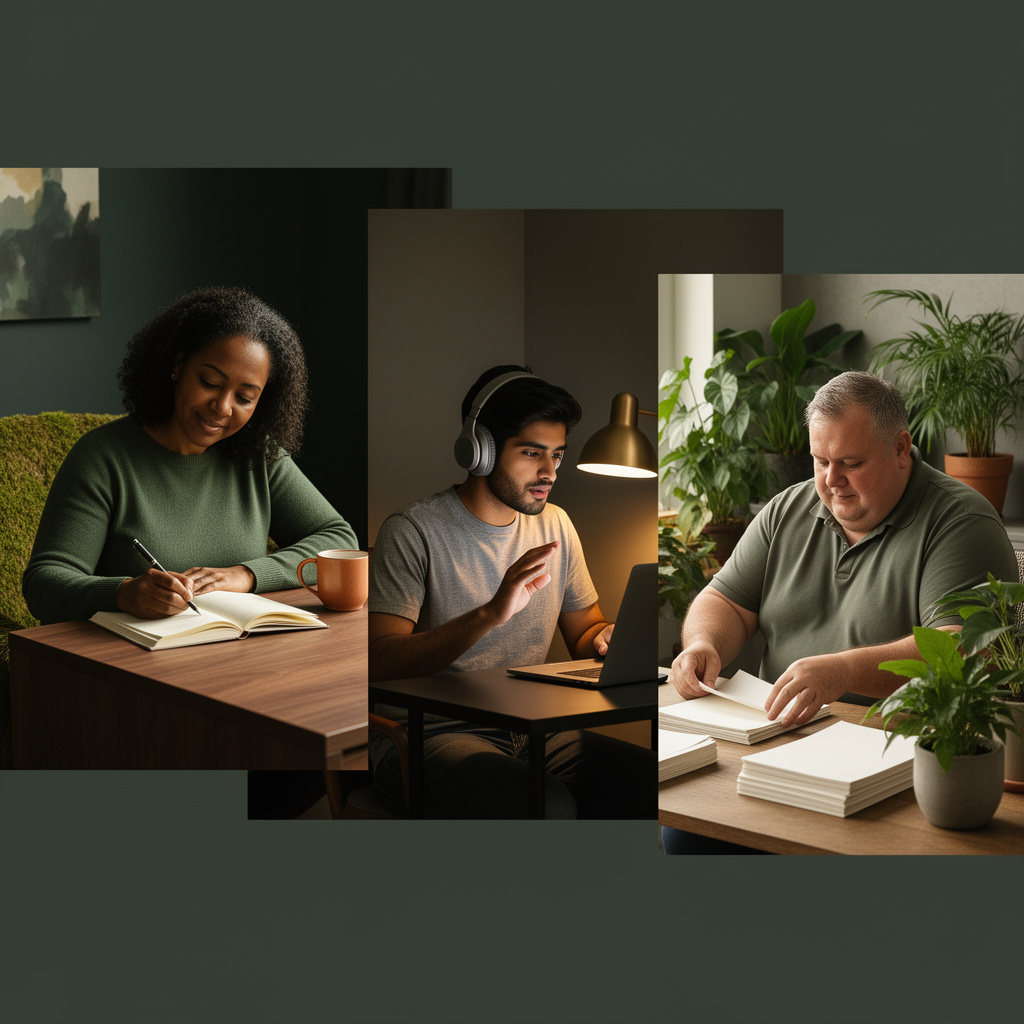 Three people in connected home workspaces, each focused on their own meaningful task.