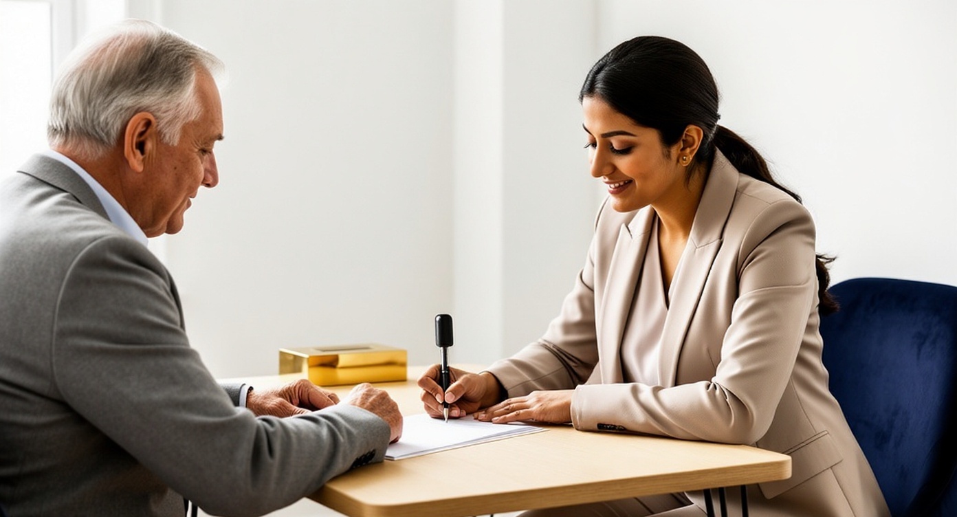 Notary public witnessing an older adult signing a document