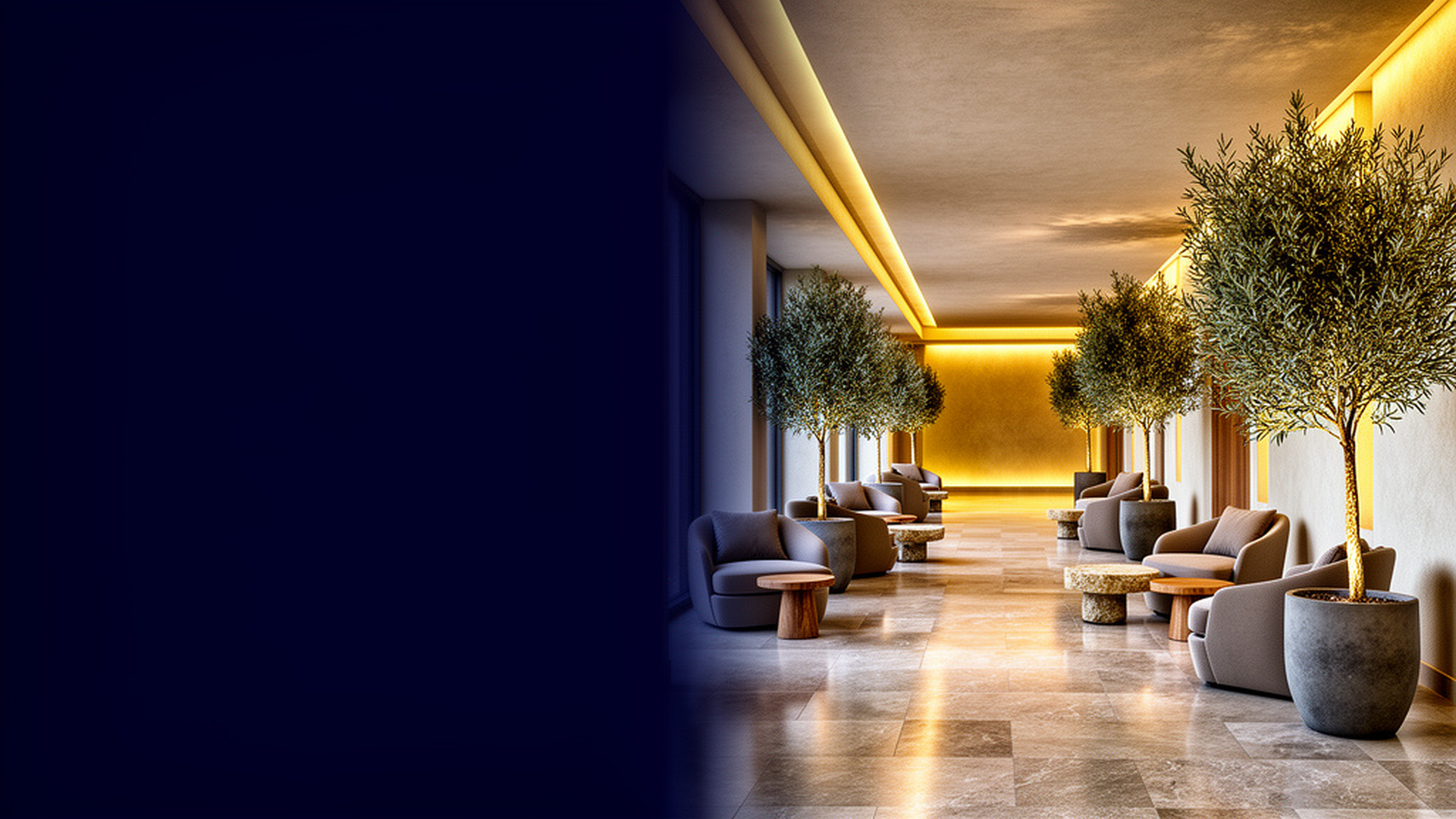 Unbranded Las Vegas resort arrival area with warm evening lighting.