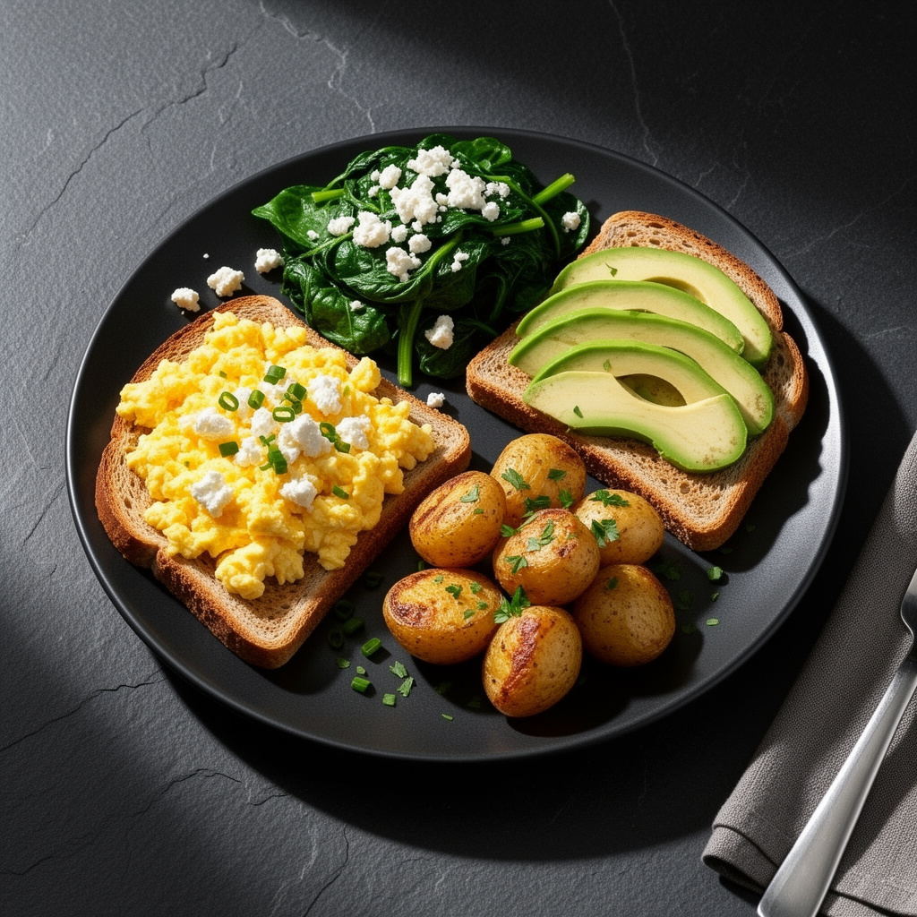 Soft scrambled eggs with spinach and feta, avocado toast, and roasted potatoes on a black plate