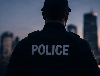 Officer standing near a city skyline