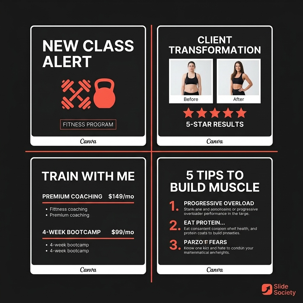 Fitness trainer Canva template preview — 4 template styles in a 2x2 grid