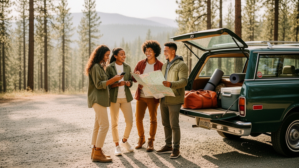 Friends comparing a map and phone on a roadside stop