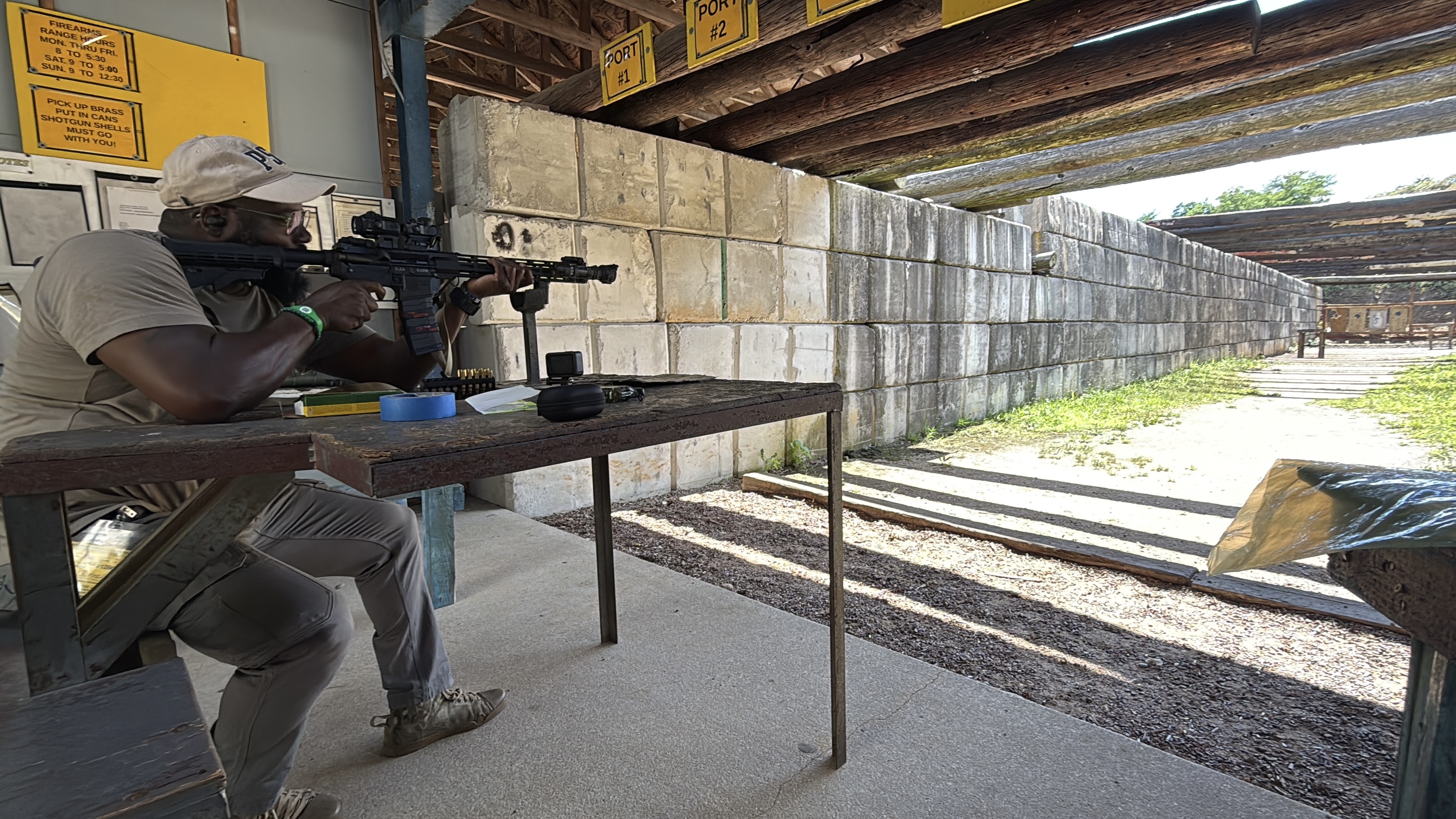 Preston Mayer practicing carbine fundamentals at an outdoor range.
