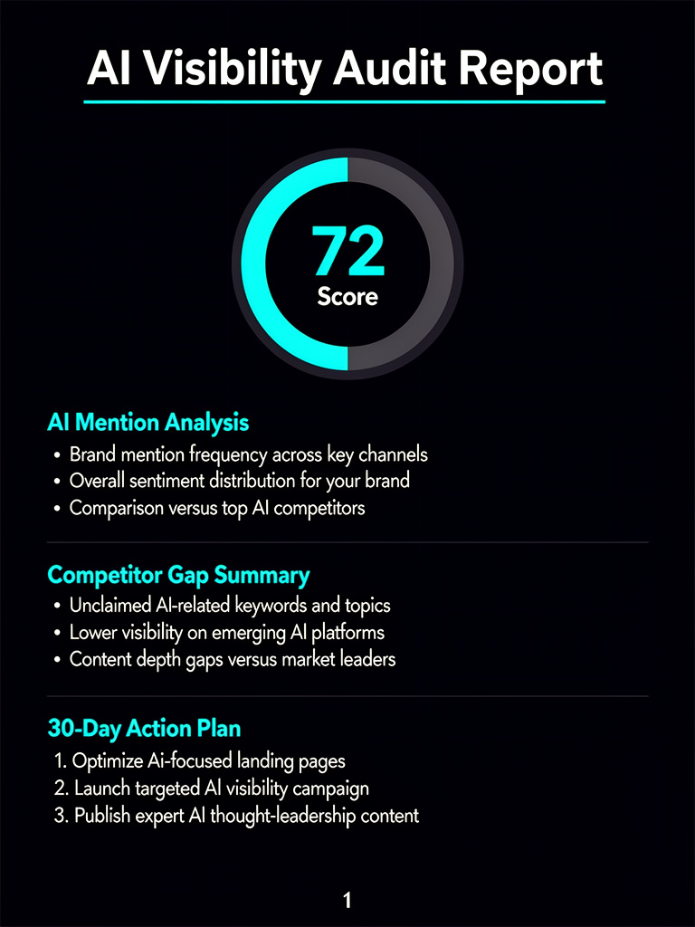 Your 72-page AI Visibility Audit report with score breakdown