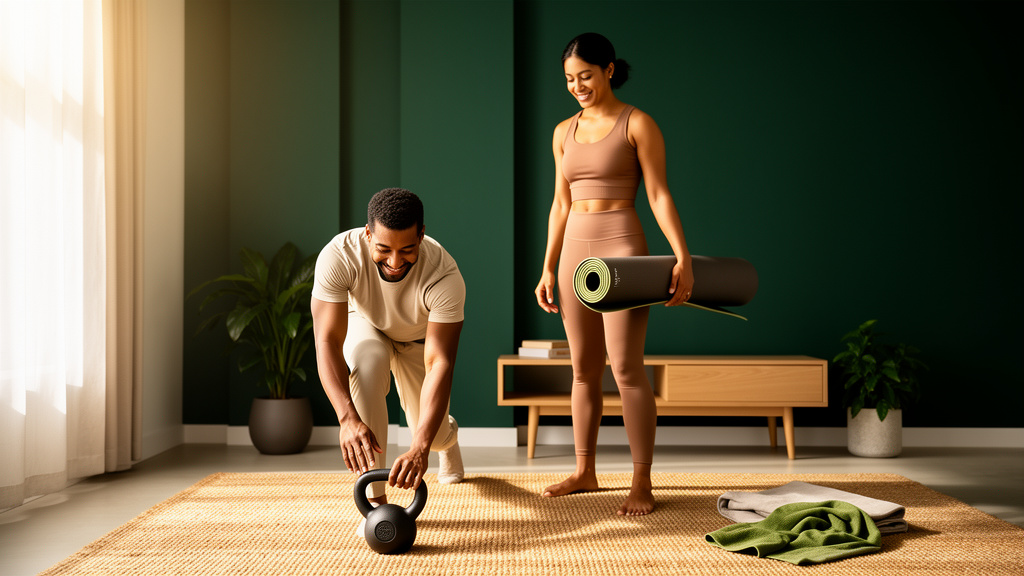 Two people practicing strength and mobility training at home
