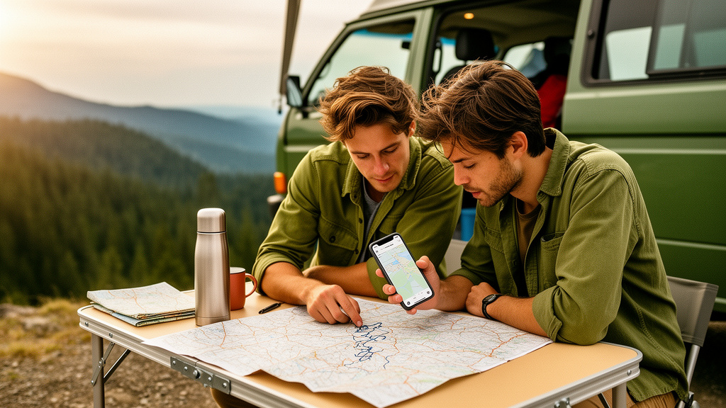 Friends planning a route together beside their camper