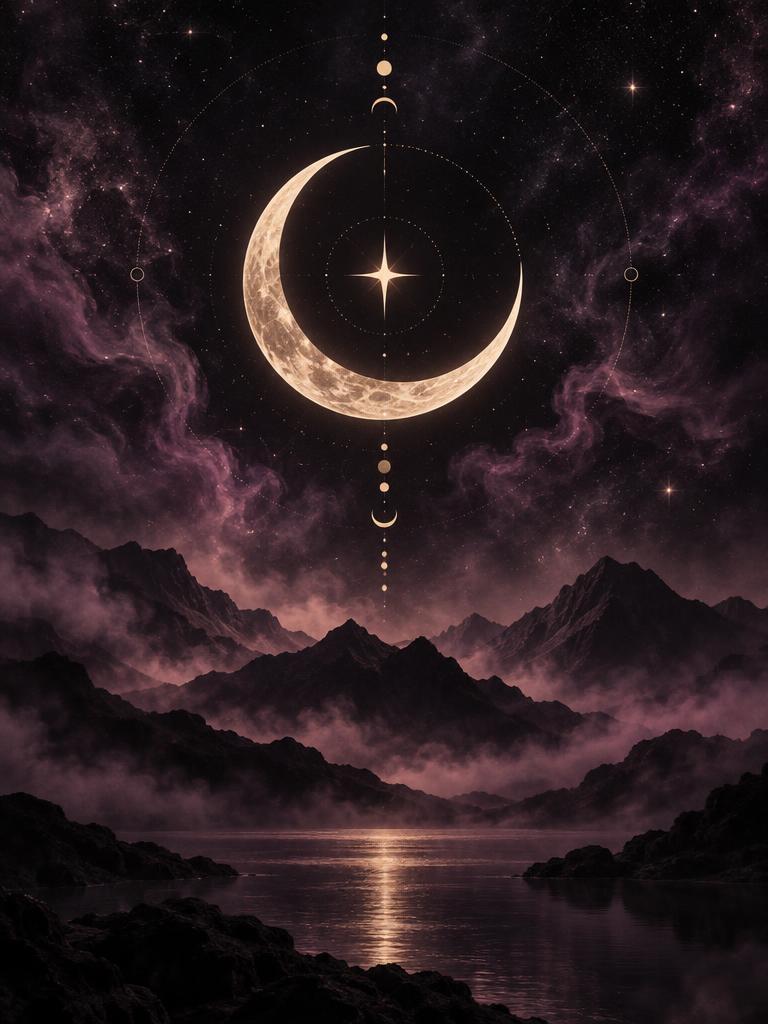 Crescent moon above a misty plum mountain landscape