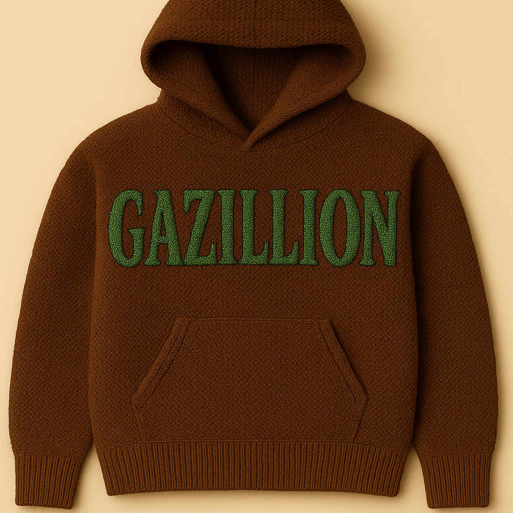Front presentation of the brown Gazillion wearable work with hand-knit lettering.