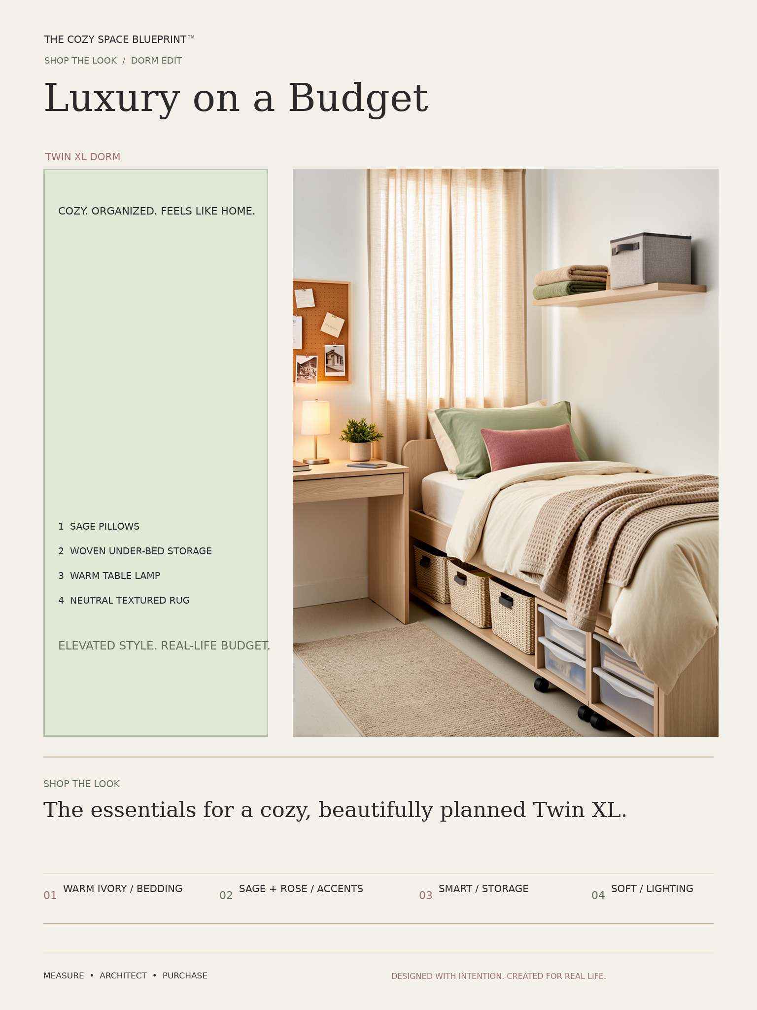 Luxury on a Budget Twin XL dorm room with layered neutral bedding, sage and dusty rose accents, and under-bed storage