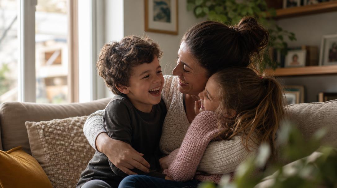 Illustrative AI-generated photo of a parent sitting with two children on a sofa at home.