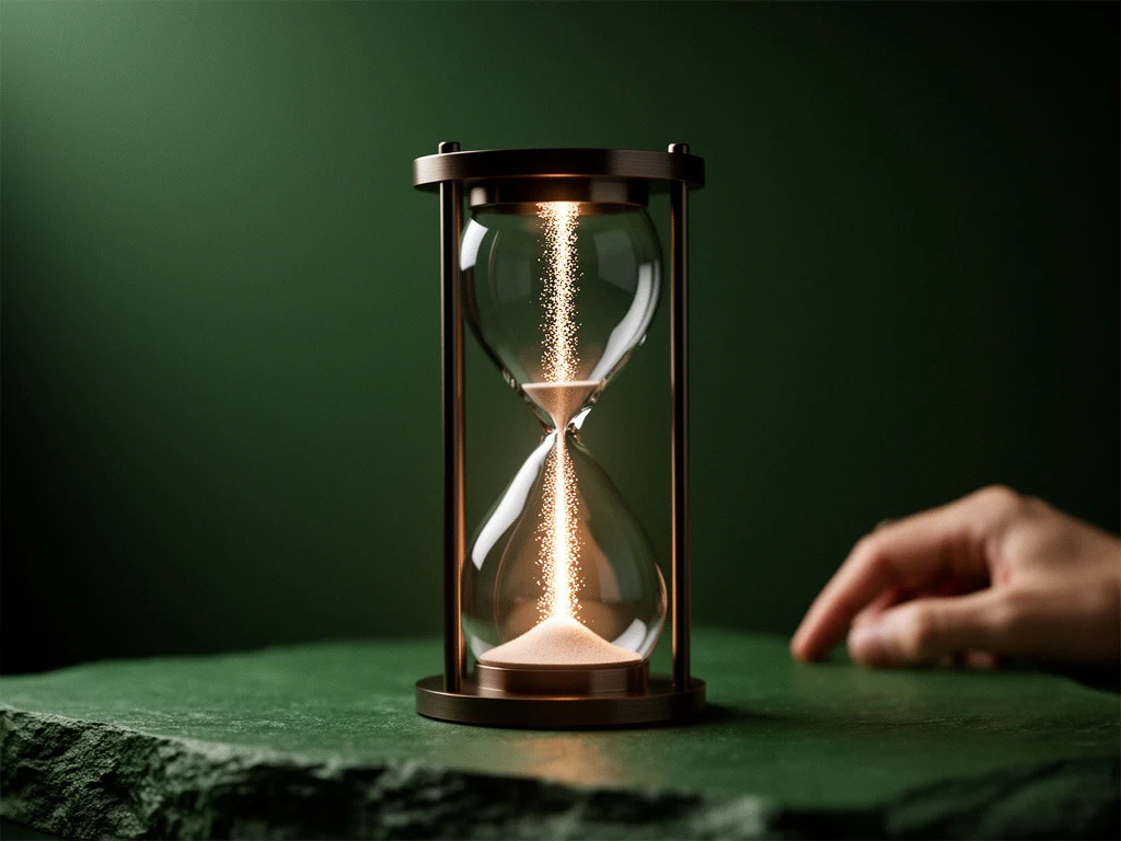 A glowing hourglass marking time in a dark green room