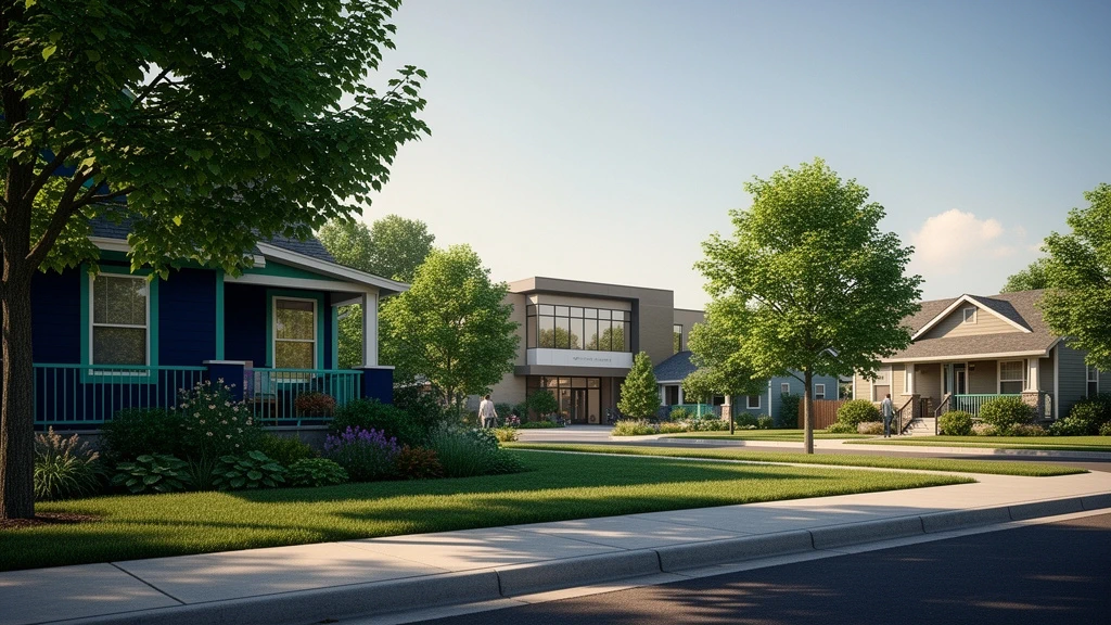 Illustrative community-care setting with residential and community buildings.