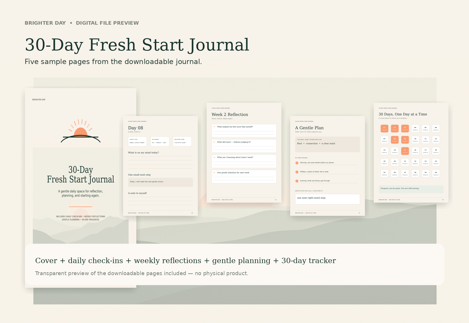 Five sample pages from the 30-Day Fresh Start Journal, including the cover, daily check-in, reflection, plan, and progress tracker