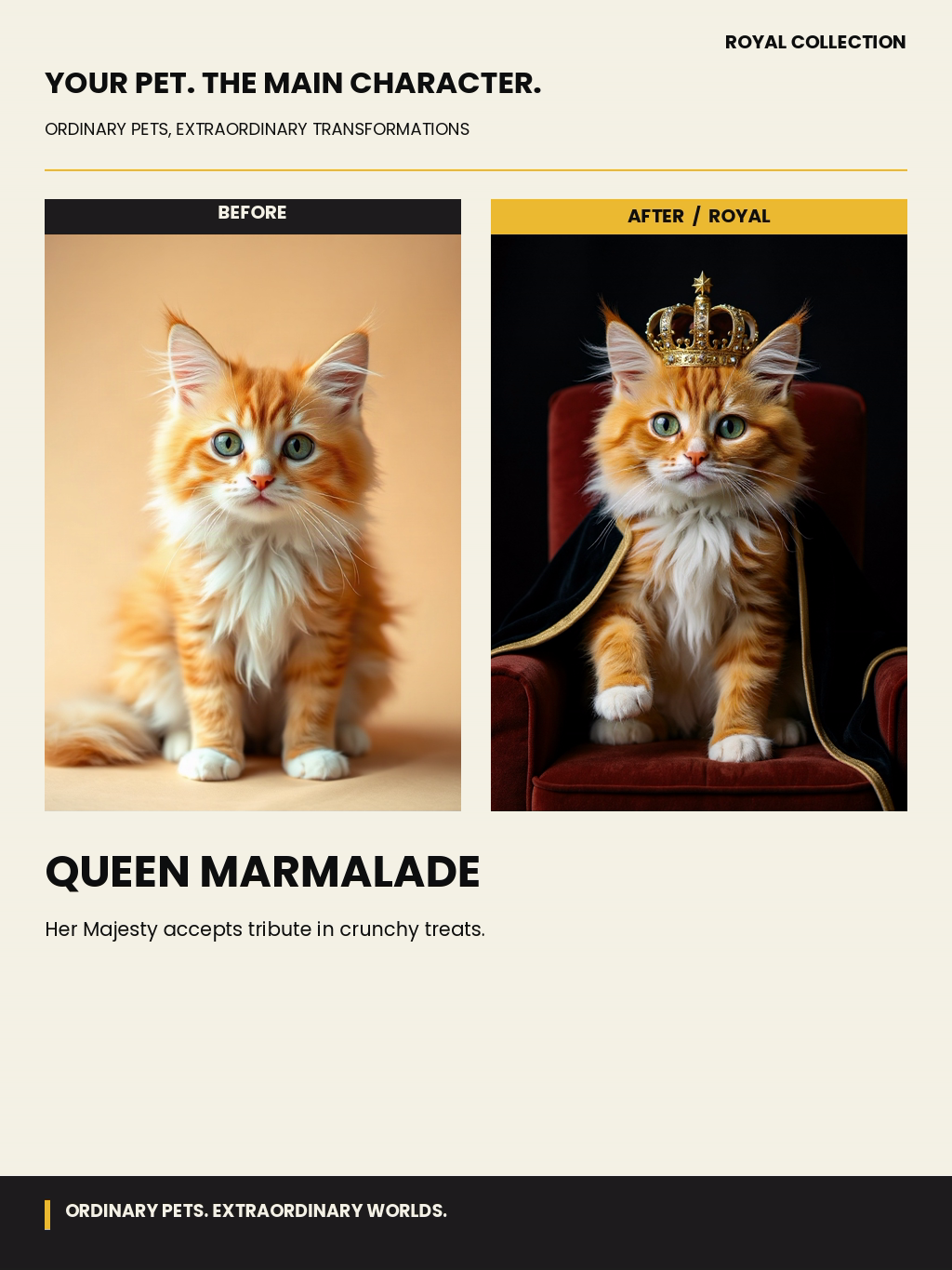 Queen Marmalade showcase example: an orange cat before and after becoming a crowned royal on a velvet throne.
