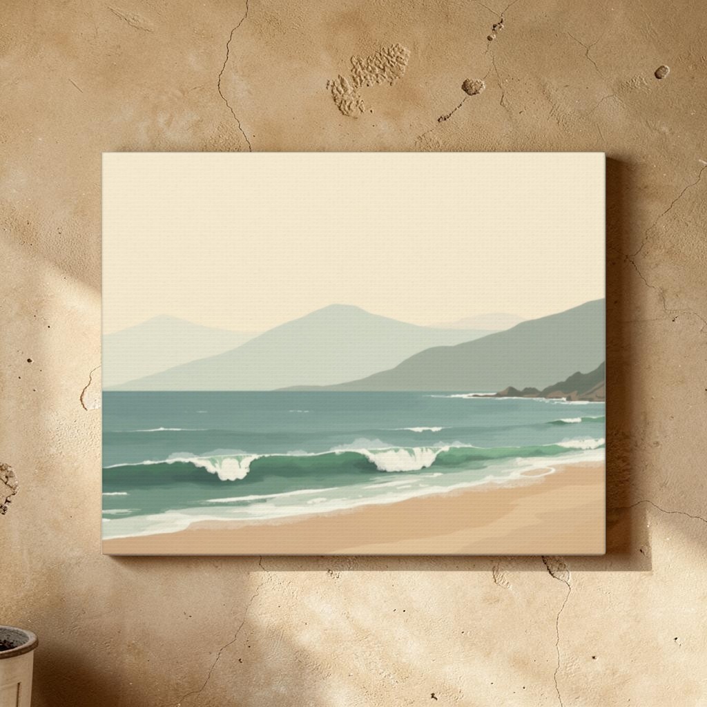 Coastal waves beach canvas displayed against a sun-warmed textured wall