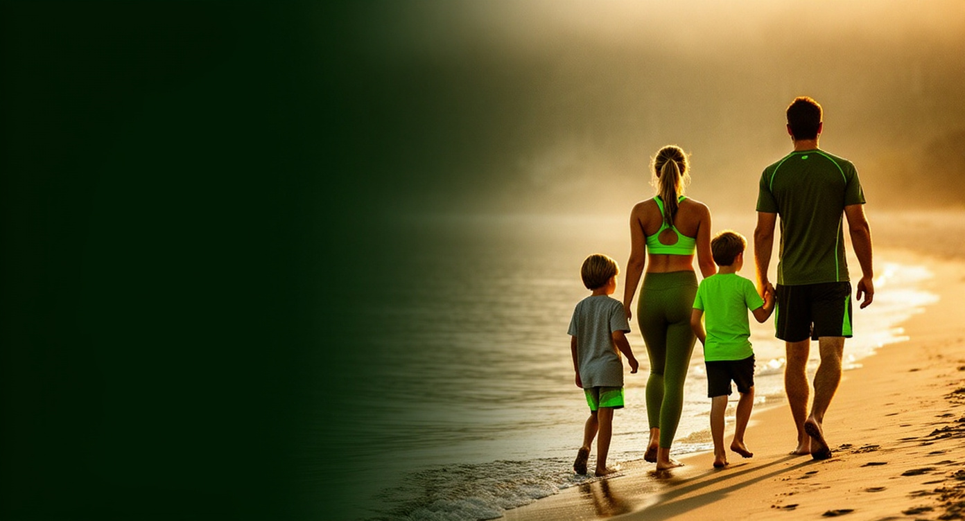 Family walking together along a sunlit beach