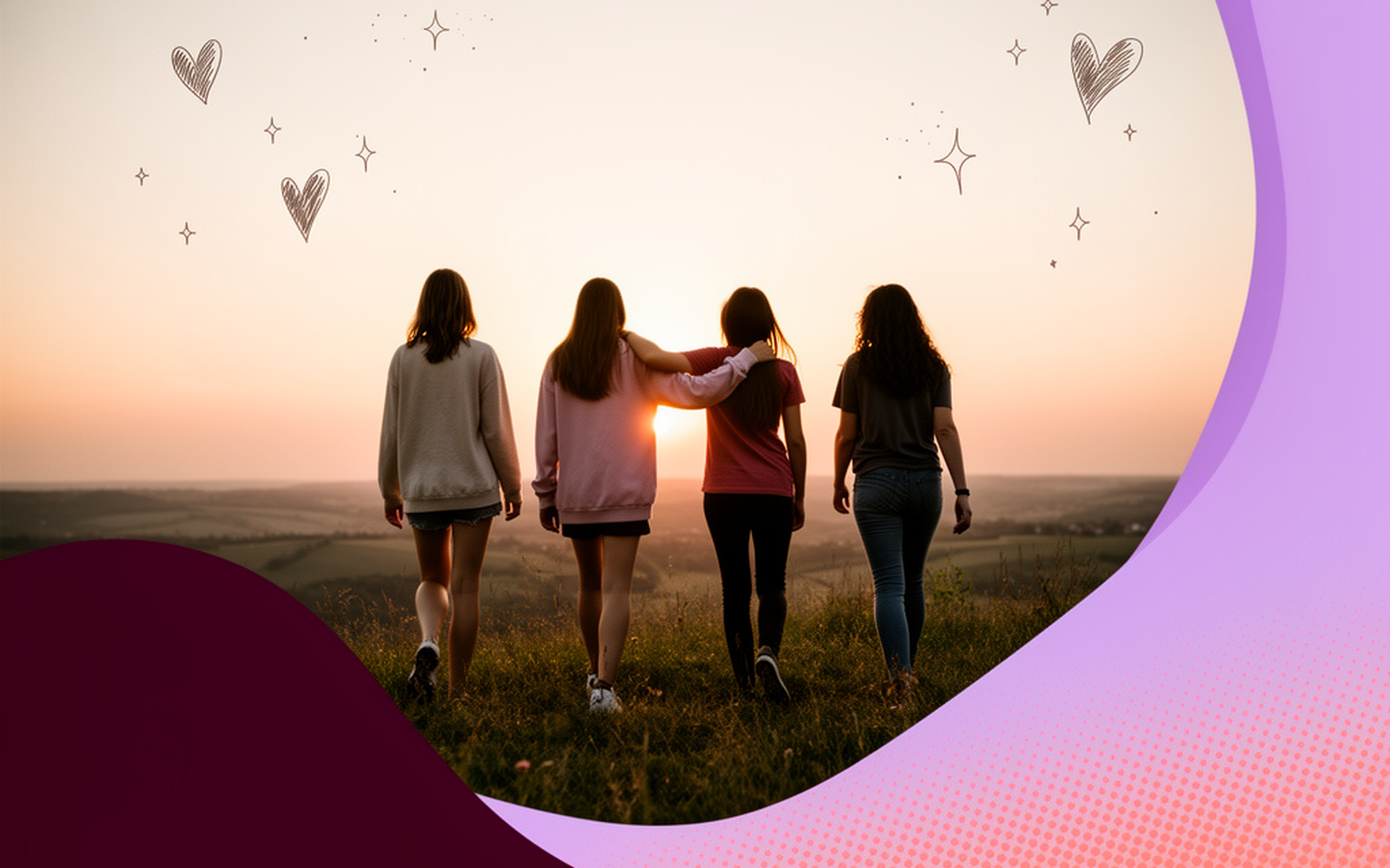 Four friends walking together at sunset.