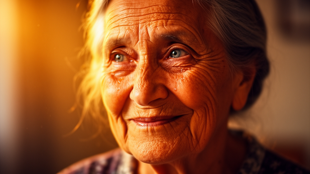 Close portrait of an older woman lit by warm afternoon sunlight.