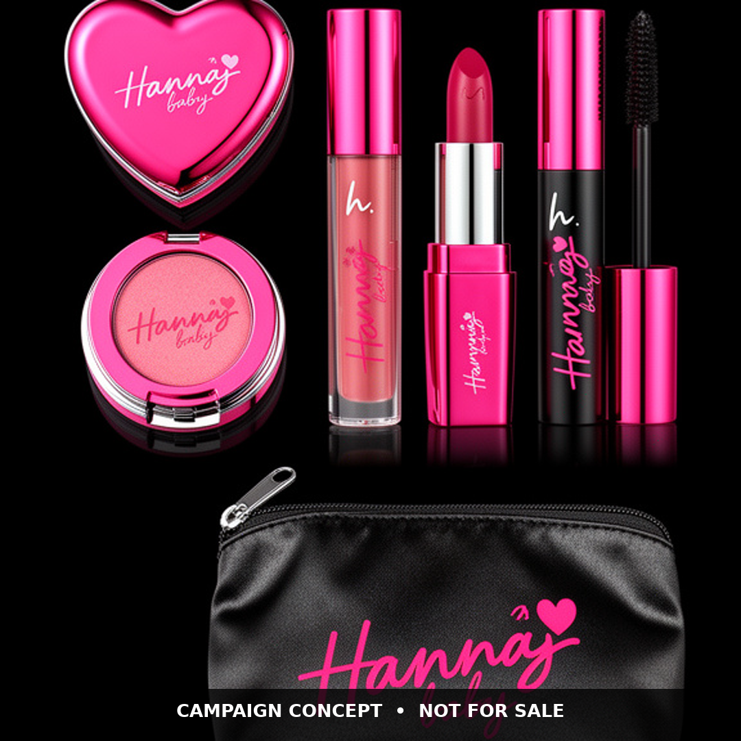 Hanna baby & OGJV makeup flatlay campaign concept with compact, lip color, gloss, and mascara