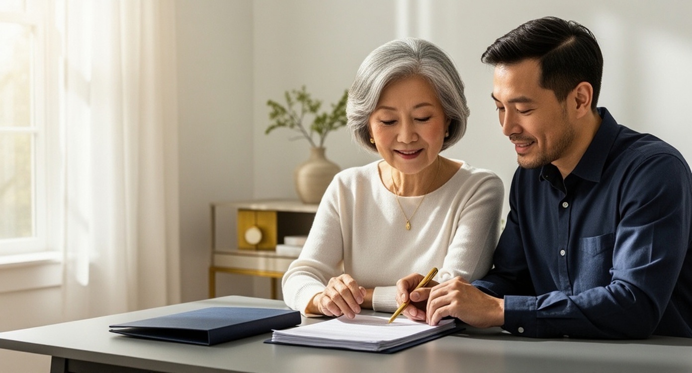 Adult son and older mother reviewing estate-planning documents together