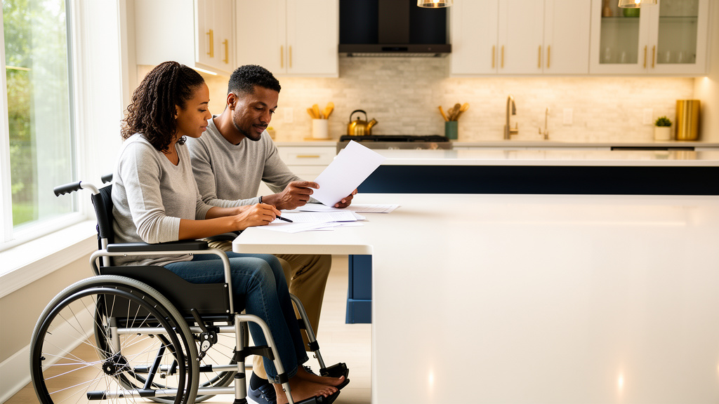 Couple reviewing paperwork together at home, including a woman using a wheelchair