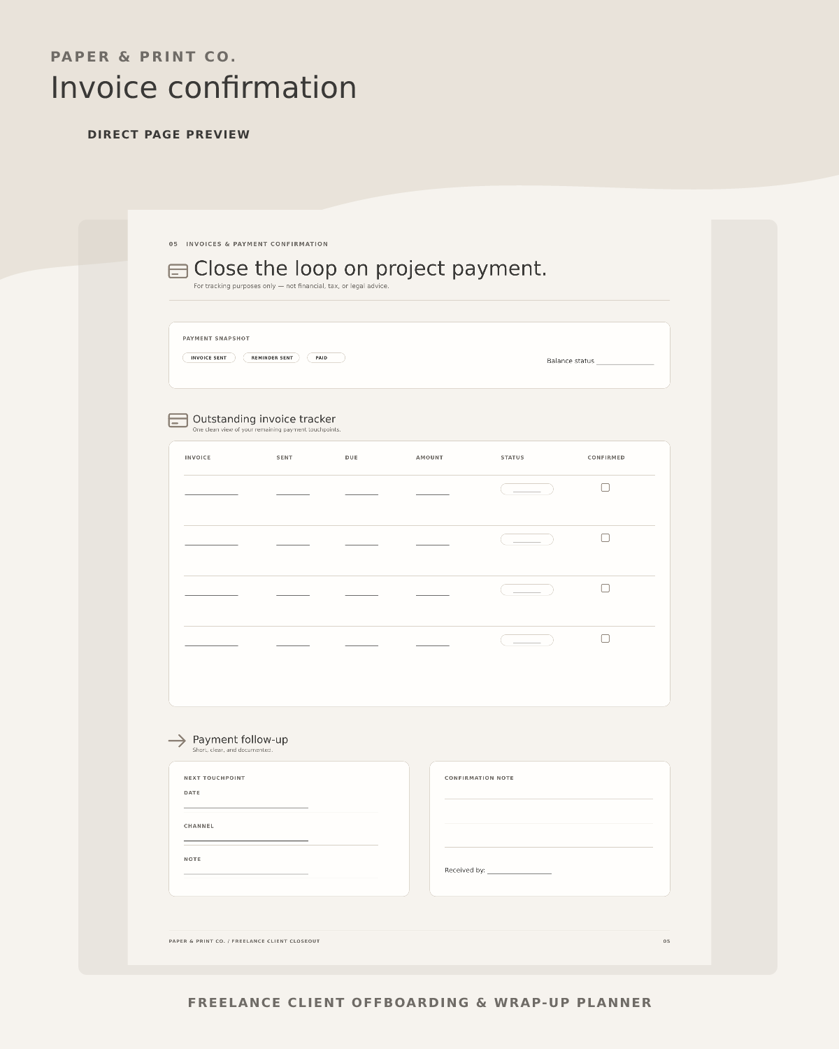 Client offboarding planner invoice confirmation page